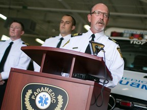 Essex-Windsor EMS chief, Bruce Krauter, right, is joined by deputy chiefs, Ryan Lemay and Justin Lammers, at a press conference in this August 2015 file photo.