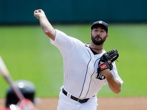 Detroit Tigers starting pitcher Justin Verlander throws during the first inning against the Boston Red Sox, Sunday, Aug. 9, 2015, in Detroit. (AP Photo/Carlos Osorio)