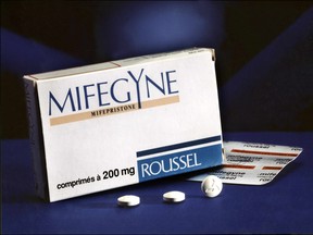 (FILES) Undated file photo shows the controversial abortion pill RU-486, or mifepristone, at its presentation. The US Food and Drug Administration (FDA) approved the drug, available in France 12 years, for sale in the US it was announced 28 September 2000. Made in Europe by the French Roussel-Uclaf group, the product was licensed to Danco Laboratories LLC for US manufacture and distribution. Mifepristone works by inducing abortion hormonally, bypassing surgery.  AFP PHOTO/FILES/HO   (Postmedia News)