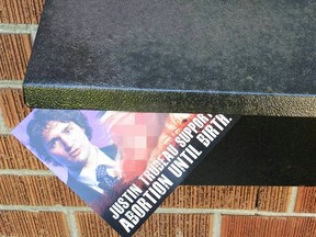 File photo of a Justin Trudeau anti-abortion post card shown on the Facebook page of the Canadian Centre for Bio-Ethical Reform. Parts of this image have been pixelated. CREDIT: Supplied. SOURCE: /www.facebook.com/canadiancbr/info?tab=page_info.