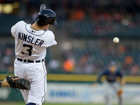 Ian Kinsler #3 of the Detroit Tigers lines out to third base in the third inning during a MLB game against the Tampa Bay Rays at Comerica Park on September 9, 2015 in Detroit, Michigan. (Photo by Dave Reginek/Getty Images)