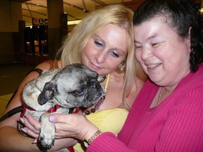 Justine Holmlund (left) was reunited with her pug Tyson on Monday, August 31, 2015, nearly five years after his disappearance, thanks to the help of Giovanna Carabella (right), a private investigator and pug lover.  Courtesy of Giovanna Carabella