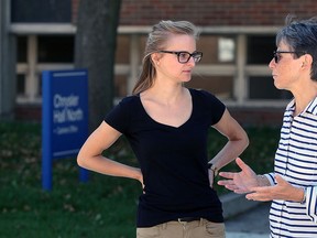 University of Windsor 4th-year student Allison Cadwallader, left, now teaches workshops on preventing sexual assaults and Anne Forrest, right, director of women's and gender studies program, part of the Bystander Initiative Team at University of Windsor Monday Sept. 14, 2015. (NICK BRANCACCIO/The Windsor Star)