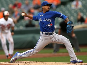 Starting pitcher Marcus Stroman #6 of the Toronto Blue Jays works the first inning against the Baltimore Orioles during game one of a double header at Oriole Park at Camden Yards on September 30, 2015 in Baltimore, Maryland. (Photo by Patrick Smith/Getty Images)