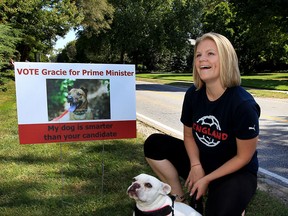 Emma Farrer, 30, and Yitty, the French bulldog, observe a roadside "Vote Gracie for Prime Minister" election sign on Riverside Drive East September 24, 2015. (NICK BRANCACCIO/The Windsor Star)