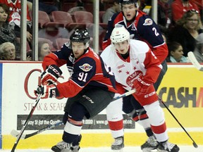 Windsor's Aaron Luchuk carries the puck against the Greyhounds at the Essar Centre in Sault Ste. Marie, Ont. (JEFFREY OUGLER/Sault Star)