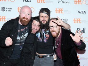 Actors Josh Ethier, Graham Skipper, writer/director Joe Begos and TIFF programmer Colin Geddes attends the "The Mind's Eye" photo call during the 2015 Toronto International Film Festival at Ryerson Theatre on September 15, 2015 in Toronto, Canada.  (Photo by Jemal Countess/Getty Images)