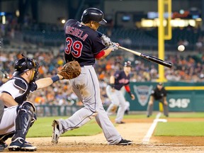Giovanny Urshela #39 of the Cleveland Indians singles in the fifth inning during a MLB game against the Detroit Tigers at Comerica Park on September 4, 2015 in Detroit, Michigan. (Photo by Dave Reginek/Getty Images)
