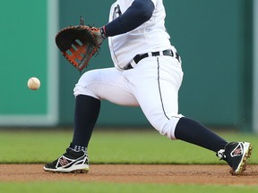 Detroit's Miguel Cabrera fields a ground ball at first base against the Indians at Comerica Park Saturday. (AP photo)