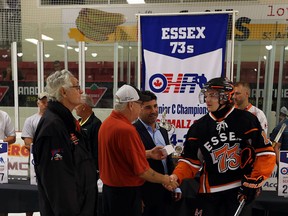 The Essex 73's Schmalz Cup Championship players receive their rings during the banner unveiling prior to the season opener in Essex on Tuesday, September 8, 2015.                             (TYLER BROWNBRIDGE/The Windsor Star)