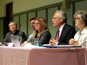 Windsor-West Conservative candidate Henry Lau, Windsor-Tecumseh Green candidate David Momotiuk, Essex NDP candidate Tracey Ramsey, Windsor-Tecumseh Liberal candidate Frank Schiller and Windsor West Marxist-Leninist candidate Margaret Villamizar participate in an all-parties debate hosted by the Canadian Federation of University Women at the Caboto Club in Windsor, Ont. Wednesday, Sept. 9, 2015. (DYLAN KRISTY/The Windsor Star)