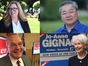 (Clockwise) Essex NDP candidate Tracey Ramsey, Windsor-West Conservative candidate Henry Lau, Windsor-Tecumseh Conservative candidate Jo-Anne Gignac and Windsor-Tecumseh Liberal candidate Frank Schiller are pictured in Windsor Star file photos. (FILES/The Windsor Star)