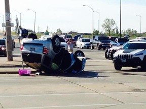 An SUV rollover, at Forest Glade Dr. and Lauzon Parkway due to a two-vehicle collision. Traffic blocked west bound Forest Glade. (Nick Brancaccio/The Windsor Star/Twitpic)