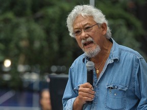 Canadian environmental activist David Suzuki is shown speaking at a science rally in Vancouver, B.C. in September 2013. (Ward Perrin / PNG)