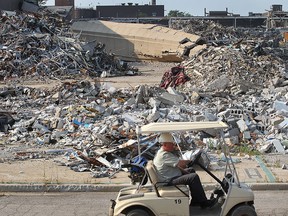 A section of the General Motors smokestack is shown after it was knocked down on Tuesday, September 1, 2015, in Windsor, ON. (DAN JANISSE/The Windsor Star)