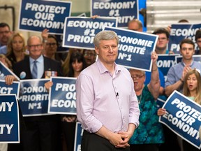 Conservative Leader Stephen Harper speaks to supporters at a campaign event in Windsor, Ont., on Sunday, September 20, 2015. THE CANADIAN PRESS/Ryan Remiorz