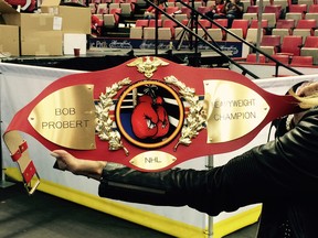 A Detroit Red Wings fan presented this belt to Dani Probert, widow of former Wings tough guy Bob Probert of Windsor, during Sunday's HockeyFest at Joe Louis Arena.