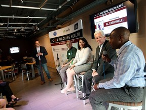 Irek Kusmierczyk, director of partnerships at WEtech Alliance, Al Carpinelli, account executive at Logic Solutions Inc. in Ann Arbor, Dr. Zayna Khayat, health lead and director of MaRS EXCITE, Vincent Finn, Trade Commissioner at Consulate of Canada and Phillip Olla, adviser with WEtech Alliance, participate in a Hacking Health panel discussion at the Windsor Star News Cafe on Thursday, Sept. 10, 2015. The panel discussed ways for application and health technology developers to have their products built, commercialized and launched in the healthcare system. (DYLAN KRISTY/The Windsor Star)