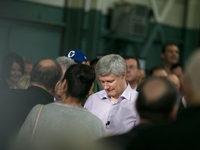 Prime Minister Stephen Harper greets supporters after speaking at Anchor Danly, Sunday, Sept. 20, 2015.  (DAX MELMER/The Windsor Star)