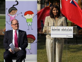 Dipika Damerla, Associate Minister of Health and Long-Term Care, (left) and Mayor Drew Dilkens take part in a press conference to announce funding for the Healthy Kids Community Challenge at the Forest Glade Community Centre in Windsor on Tuesday, September 1, 2015.                            (TYLER BROWNBRIDGE/The Windsor Star)