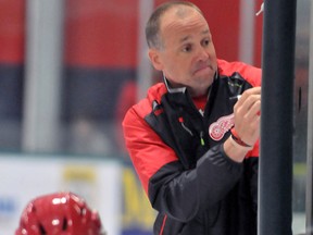 Detroit Red Wings coach Jeff Blashill, top, uses a white board to instruct moves during training camp, Friday, Sept 18, 2015, in Traverse City, Mich. (AP Photo/ John L. Russell)