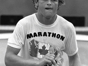 Terry Fox continues his Marathon of Hope run across Canada in this Aug., 1980