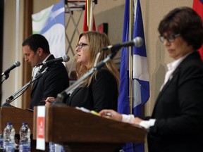 Essex candidates Jeff Watson, Tracey Ramsey and Audrey Festeryga (left to right) take part in the Windsor-Essex Regional Chamber of Commerce federal election debate at the Caboto Club in Windsor on Wednesday, September 30, 2015.