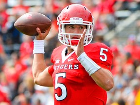 Chris Laviano #5 of the Rutgers Scarlet Knights looks for a pass during a game against the Kansas Jayhawks at High Point Solutions Stadium on September 26, 2015 in Piscataway, New Jersey.  (Photo by Alex Goodlett/Getty Images)