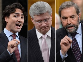 OTTAWA - May 30, 2013 - (L-R) Liberal leader Justin Trudeau, prime minister Stephen Harper and NDP leader Tom Mulcair debate each other in the House of Commons during the week of May 27, 2013. For 0531-col-Den-Tandt ORG XMIT: POS1305301530472063 ORG XMIT: POS1410011529050684