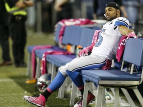 Wide receiver Golden Tate #15 of the Detroit Lions sits on the bench late in the second half of a football game against the Seattle Seahawks at CenturyLink Field on October 5, 2015 in Seattle, Washington. The Seahawks won the game 13-10. (Photo by Stephen Brashear/Getty Images)