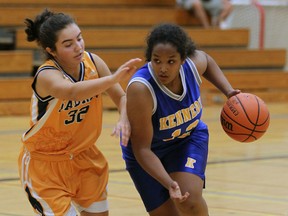 Kennedy's Lydia Abraha drives to the net around Sandwich's Emily Roy at Sandwich Secondary School in LaSalle on Tuesday, October 13, 2015.                                      (TYLER BROWNBRIDGE/The Windsor Star)