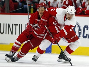 Carolina Hurricanes' Jeff Skinner (53) battles with Detroit Red Wings' Brendan Smith (2) during the second period of an NHL hockey game, Saturday, Oct. 10, 2015, in Raleigh, N.C. (AP Photo/Karl B DeBlaker)