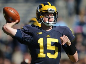 Jake Rudock #15 of the Michigan Wolverines warms up prior to the start of the game against the Northwestern Wildcats on October 10, 2015 at Michigan Stadium in Ann Arbor, Michigan. (Photo by Leon Halip/Getty Images)
