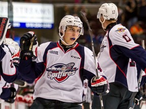 Forward Daniel Beaudoin #43 of the Windsor Spitfires celebrates his goal against the Ottawa 67's on October 15, 2015 at the WFCU Centre in Windsor, Ontario, Canada. (Photo by Dennis Pajot/Getty Images)