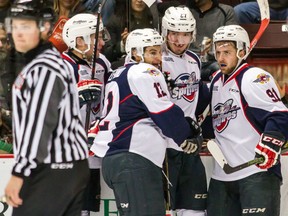 Forward Hayden McCool #27 of the Windsor Spitfires celebrates his goal against the Ottawa 67's on October 15, 2015 at the WFCU Centre in Windsor, Ontario, Canada. (Photo by Dennis Pajot/Getty Images)