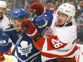 Toronto Maple Leafs R. A Parenteau and Tomas Jurco              of the Detroit Red Wings in a pre-season 2015 NHL game on Saturday October 3, 2015 at the Air Canada Centre, in Toronto.Veronica Henri/Toronto Sun/Postmedia Network