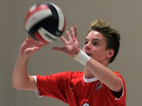 Setter Luke Brouwer of Maranatha Christian Academy in senior boys volleyball action against Herman Green Griffins at the Maranatha gym Monday October 26, 2015. (NICK BRANCACCIO/Windsor Star)