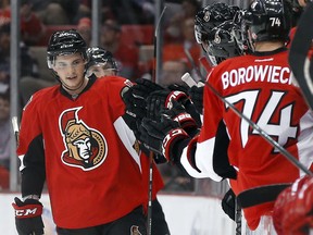 Ottawa Senators' Matt Puempel celebrates his goal against the Detroit Red Wings in the second period of an NHL hockey game Friday, Oct. 30, 2015 in Detroit. (AP Photo/Paul Sancya)