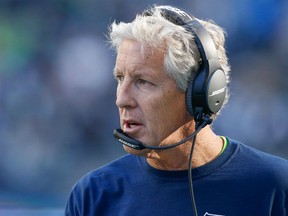 Head coach Pete Carroll of the Seattle Seahawks looks on during the game against the Chicago Bears at CenturyLink Field on September 27, 2015 in Seattle, Washington. The Seahawks defeated the Bears 26-0.  (Photo by Otto Greule Jr/Getty Images)