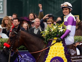 Mario Gutierrez smiles after winning the Breeders' Cup Juvenile atop Nyquist during day two of the Breeders' Cup at Keeneland Racecourse on October 31, 2015 in Lexington, Kentucky.