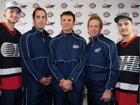 The Windsor Spitfires will be well represented at the 2015 Canada Russia Series. From left, Logan Brown, assistant coach Jerrod Smith, head coach Rocky Thompson, associate coach Trevor Letowski and Cristiano DiGiancinto are shown at a media conference on Wednesday, Oct. 21, 2105 at the WFCU Centre in Windsor, ON. (DAN JANISSE/The Windsor Star)