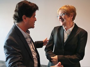 The Council of Canadians hosted a conference called ImagiNations: Reframing our Collective Future on Friday, Oct. 23, 2015, at the St. Clair Centre for the Arts. Jerry Dias, Unifor National President and Maude Barlow, National Chairperson of the Council of Canadians are shown during the event.