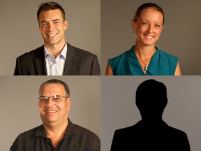 Chatham-Kent-Leamington candidates (clockwise) Tony Walsh, NDP, Katie Omstead, Liberal and Mark Vercouteren, Green Party.
