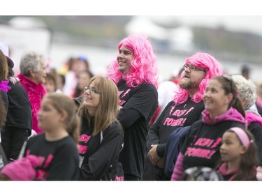 Participants in the Canadian Breast Cancer Foundation CIBC Run for the Cure listen to speakers during the ceremony at the Riverfront Festival Plaza, Sunday, Oct. 4, 2015.  (DAX MELMER/The Windsor Star)