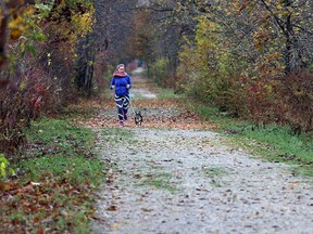 Laura Cordon jogs with her dog Bubs down the new Cypher Systems Group Greenway on Wednesday October 28, 2015.  Cypher Systems Group donated $250,000 for the naming rights to the 25km trail.