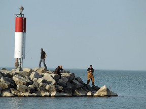 A group of fishermen fish for musky on the shores of Lake St. Clair in Belle River on Wednesday, Oct. 21, 2015.