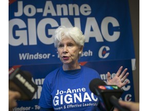 Conservative candidate for Windsor-Tecumseh, Jo-Anne Gignac, speaks during a rally at her campaign office, Sunday, August 2, 2015.  (DAX MELMER/The Windsor Star)