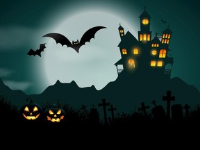 Halloween background with haunted house and pumpkins. Image by fotolia.com.