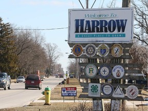 A sign welcoming traffic into Harrow is shown Monday, Feb. 20, 2012.
