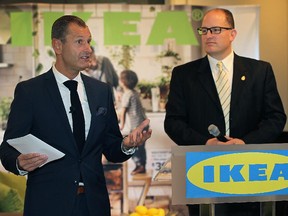 Stefan Sjöstrand (L), President, IKEA Canada gives Windsor Mayor Drew Dilkens are pictured during a press conference in this October 2015 file photo.